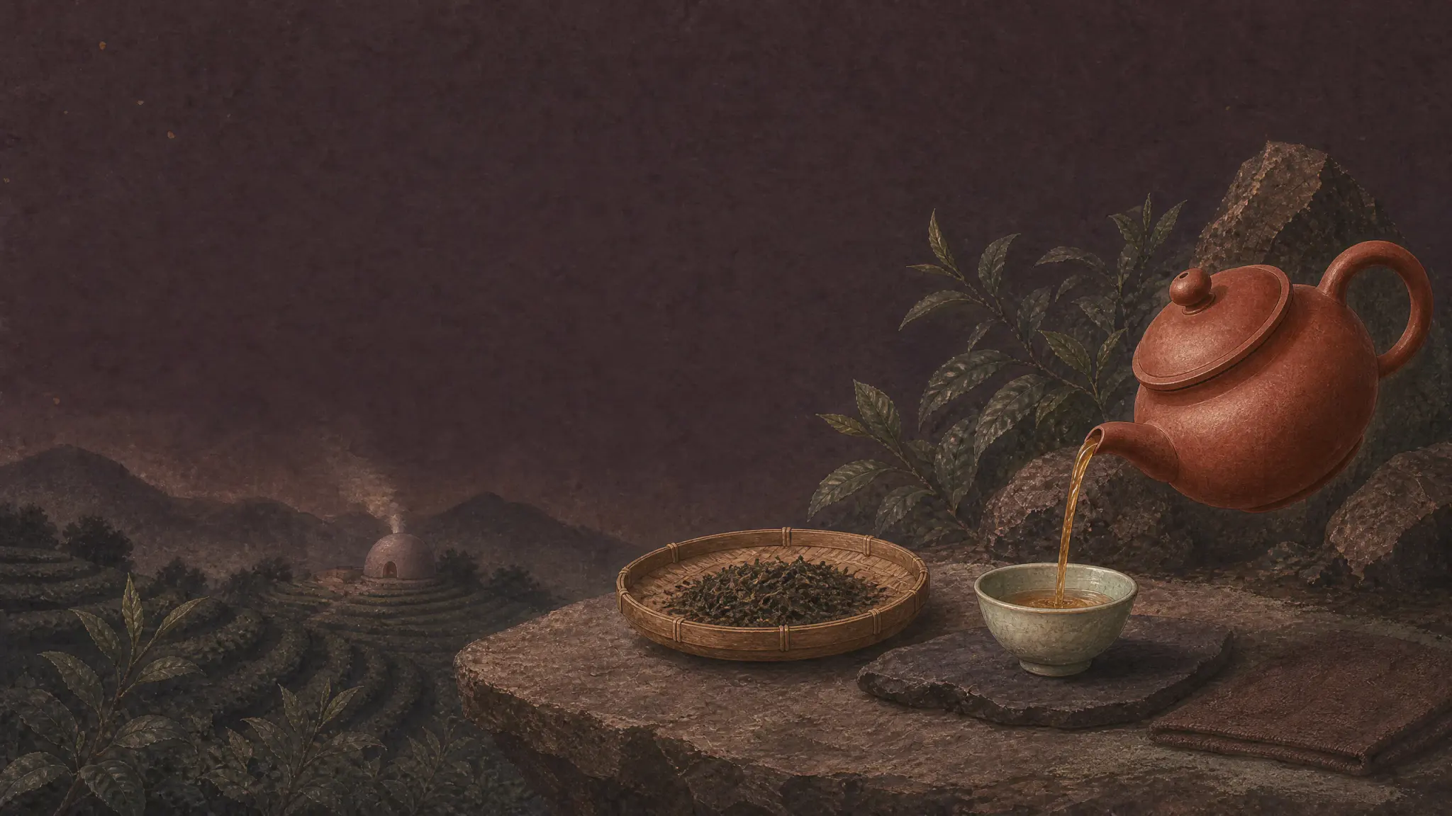 A Yixing teapot pours tea beside leaf and Yunnan mountain terraces in a Chinese mineral-pigment painting