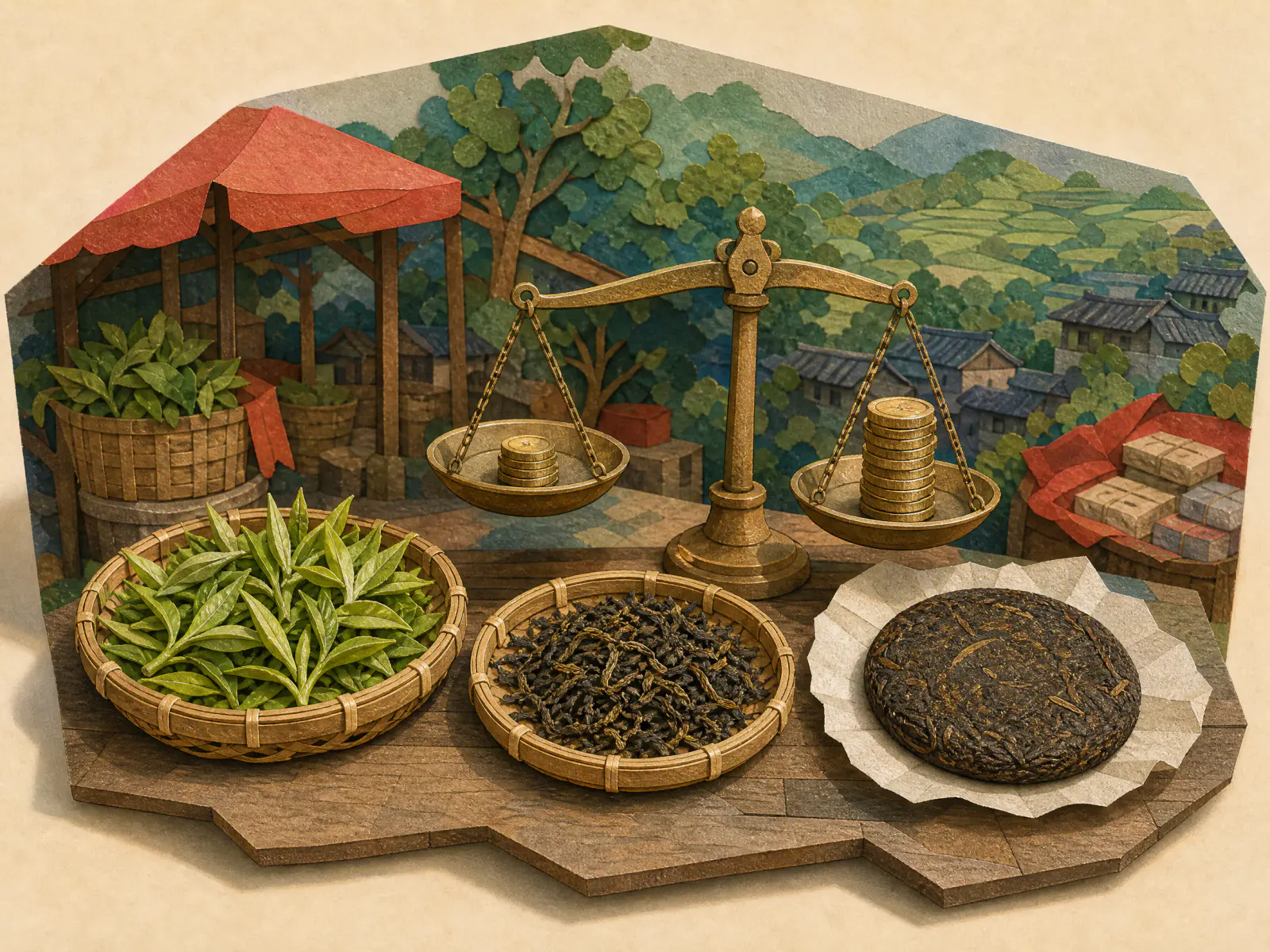 Fresh tea leaf, loose maocha and a pressed Pu-erh cake compared beside a brass market scale