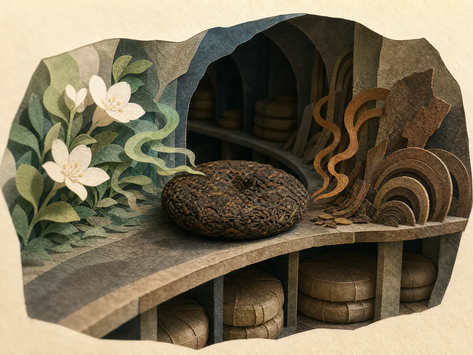 Handcrafted paper diorama of an ageing raw pu-erh cake between fading floral notes and emerging woody aromas