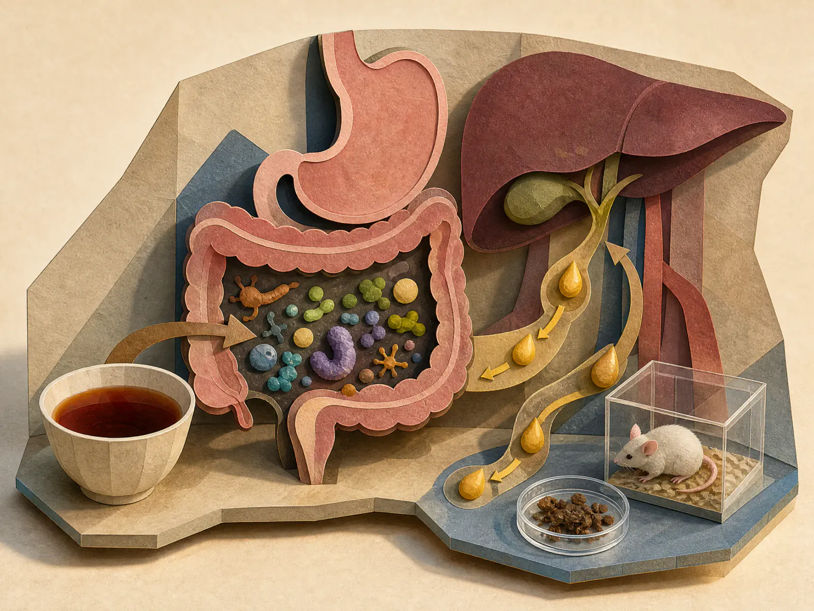 Handcrafted paper cutaway showing ripe pu-erh, gut microbes, bile-acid pathways, and a laboratory mouse