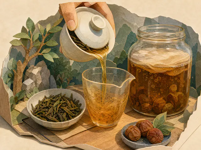 Cut-paper diorama of thick Yiwu tea pouring beside a bubbling kombucha jar