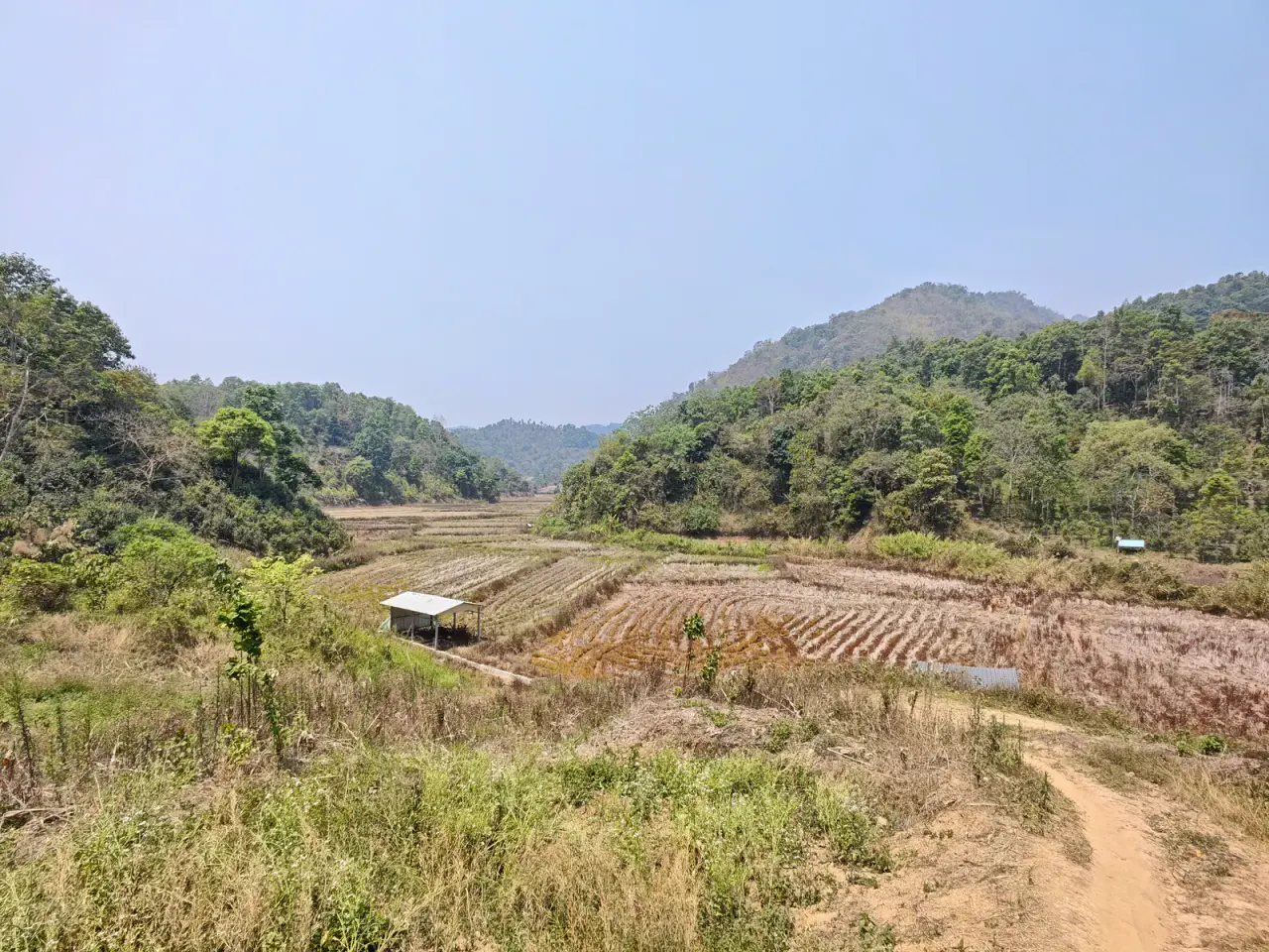 A harvested valley floor surrounded by forested hills near Huanglianshan village