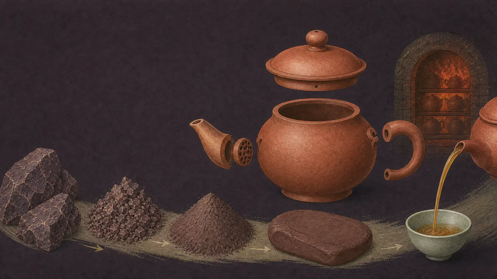 A Yixing teapot shown with raw ore, prepared clay, a kiln, and poured tea in a Chinese technical painting